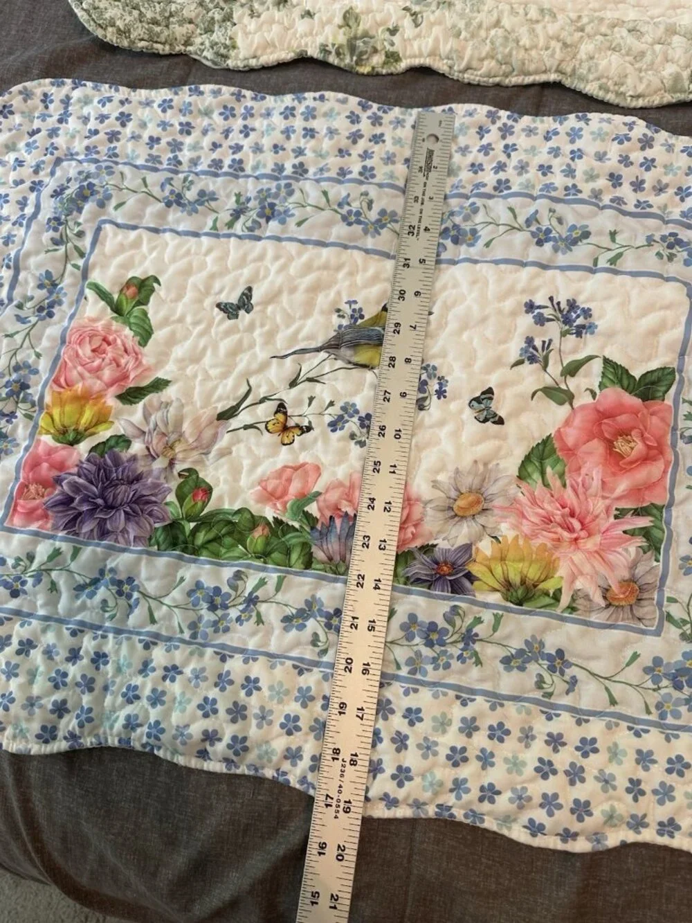 Cottagecore Quilted Pillowcases Set of 2 Blue Green Bird Flowers Farmhouse 25x19